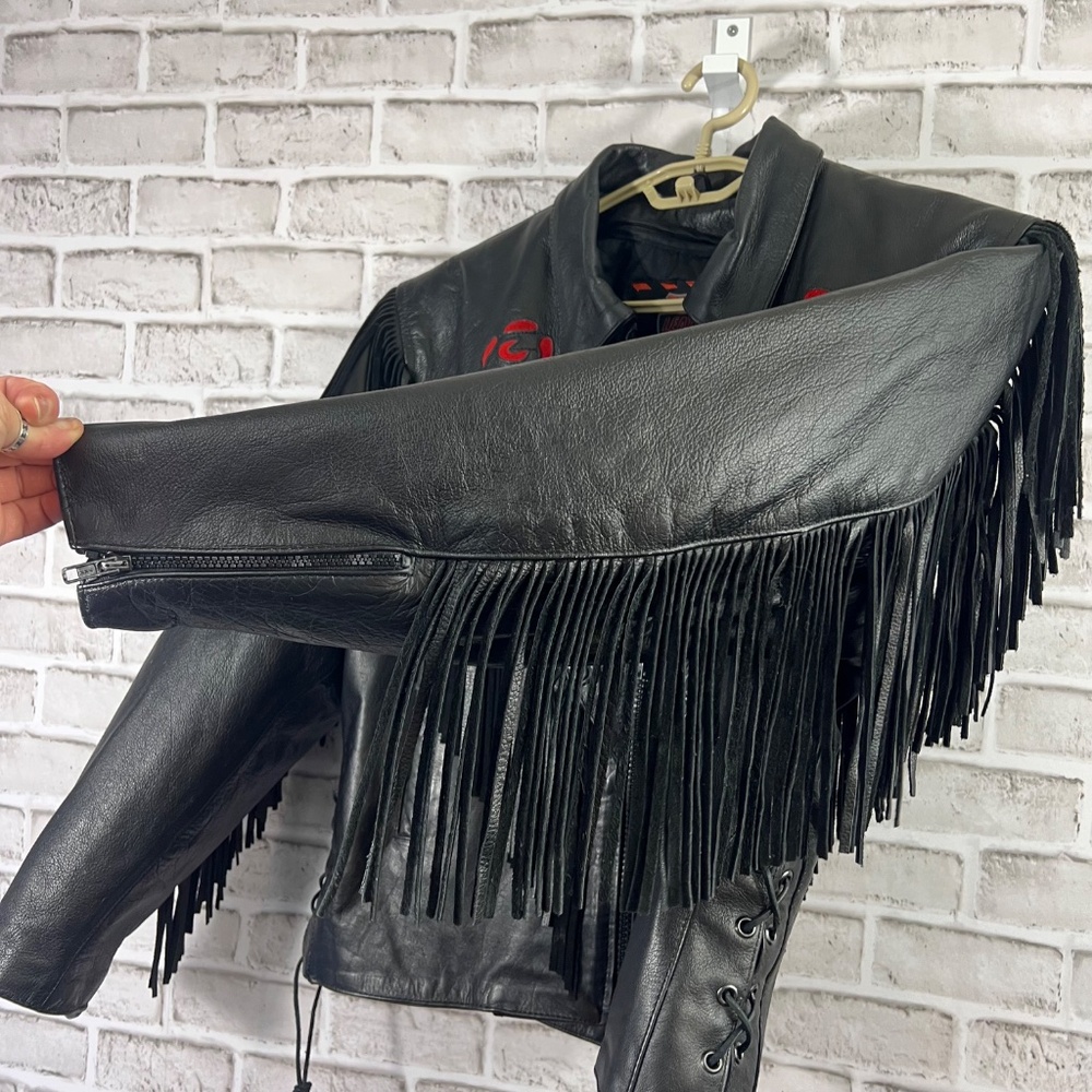 🚫SOLD! 🏍️🌹|•INTERSTATE LEATHER•| Rose Inlay Fringe Heavy Black Leather Jacket Si - Picture 5 of 15